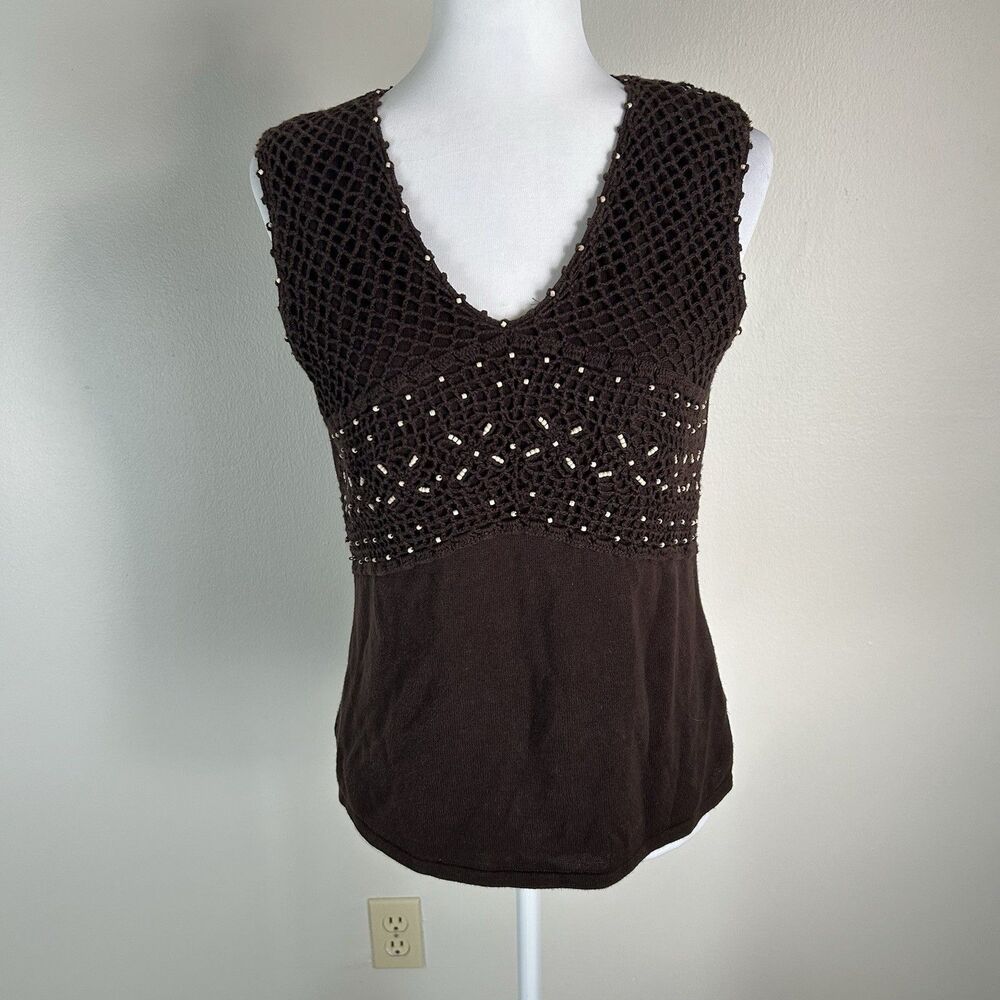 Chocolate Brown M Crochet Top Beaded Mermaid Peasant Y2K Tank Fairy Grunge Cami